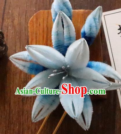 China Classical Hanfu Blue Velvet Hairpin Traditional Ancient Court Lady Orchids Hair Stick China Classical Hanfu Blue Velvet Hairpin Traditional Ancient Court Lady Orchids Hair Stick