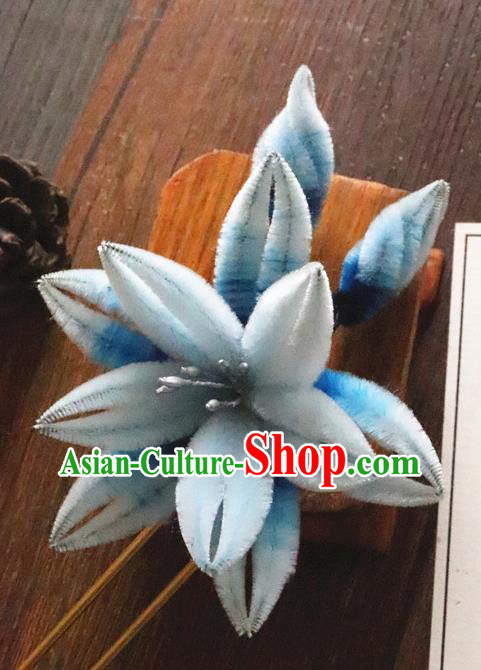 China Classical Hanfu Blue Velvet Hairpin Traditional Ancient Court Lady Orchids Hair Stick China Classical Hanfu Blue Velvet Hairpin Traditional Ancient Court Lady Orchids Hair Stick