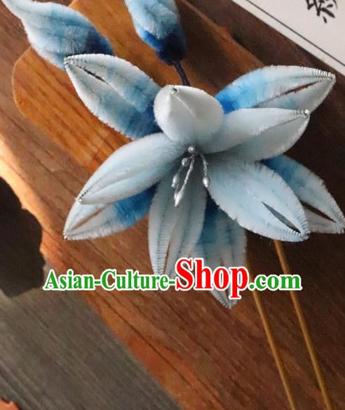 China Classical Hanfu Blue Velvet Hairpin Traditional Ancient Court Lady Orchids Hair Stick China Classical Hanfu Blue Velvet Hairpin Traditional Ancient Court Lady Orchids Hair Stick