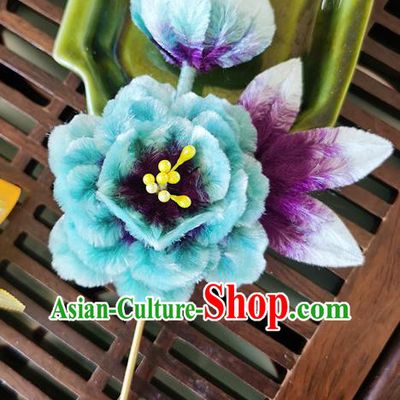 China Handmade Blue Flower Hair Stick Traditional Hanfu Hair Accessories Classical Cheongsam Velvet Peony Hairpin