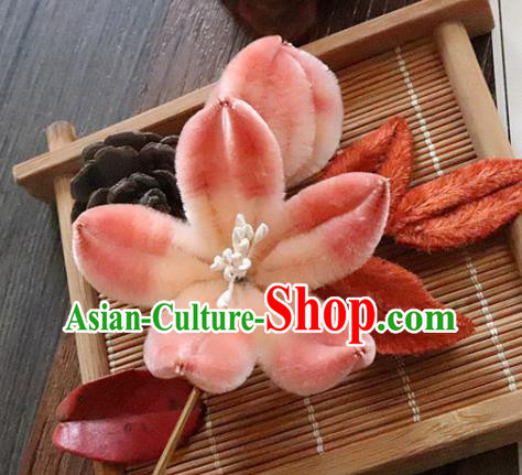 China Traditional Ancient Court Lady Lotus Hair Stick Classical Hanfu Pink Velvet Hairpin China Traditional Ancient Court Lady Lotus Hair Stick Classical Hanfu Pink Velvet Hairpin