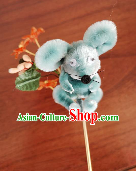 China Classical Hanfu Blue Velvet Mouse Hairpin Traditional Ancient Palace Lady Flowers Hair Stick China Classical Hanfu Blue Velvet Mouse Hairpin Traditional Ancient Palace Lady Flowers Hair Stick
