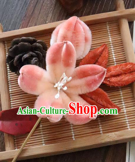 China Traditional Ancient Court Lady Lotus Hair Stick Classical Hanfu Pink Velvet Hairpin China Traditional Ancient Court Lady Lotus Hair Stick Classical Hanfu Pink Velvet Hairpin