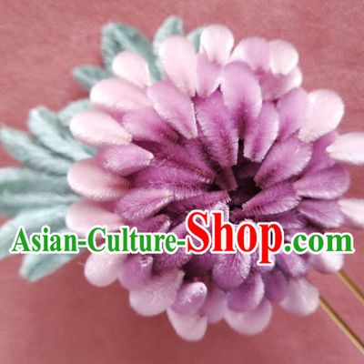 China Traditional Ancient Palace Lady Lilac Velvet Chrysanthemum Hair Stick Classical Hanfu Flowers Hairpin