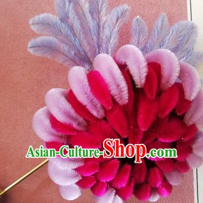 China Traditional Ancient Palace Lady Flowers Hairpin Classical Hanfu Rosy Velvet Chrysanthemum Hair Stick