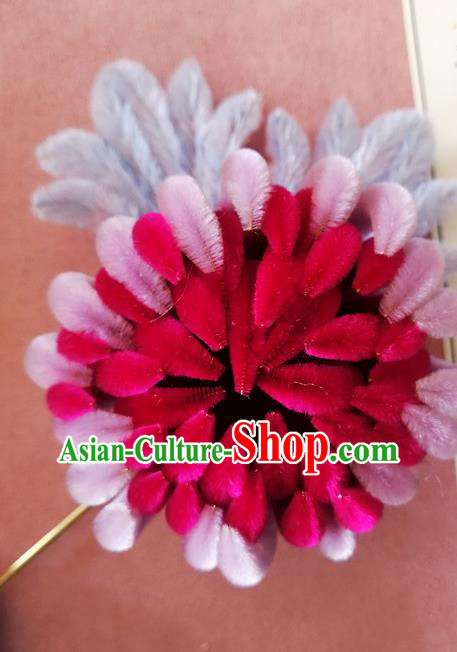 China Traditional Ancient Palace Lady Flowers Hairpin Classical Hanfu Rosy Velvet Chrysanthemum Hair Stick China Traditional Ancient Palace Lady Flowers Hairpin Classical Hanfu Rosy Velvet Chrysanthemum Hair Stick