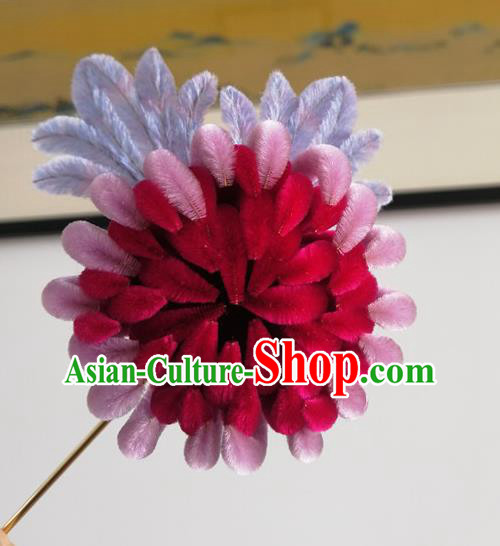 China Traditional Ancient Palace Lady Flowers Hairpin Classical Hanfu Rosy Velvet Chrysanthemum Hair Stick China Traditional Ancient Palace Lady Flowers Hairpin Classical Hanfu Rosy Velvet Chrysanthemum Hair Stick