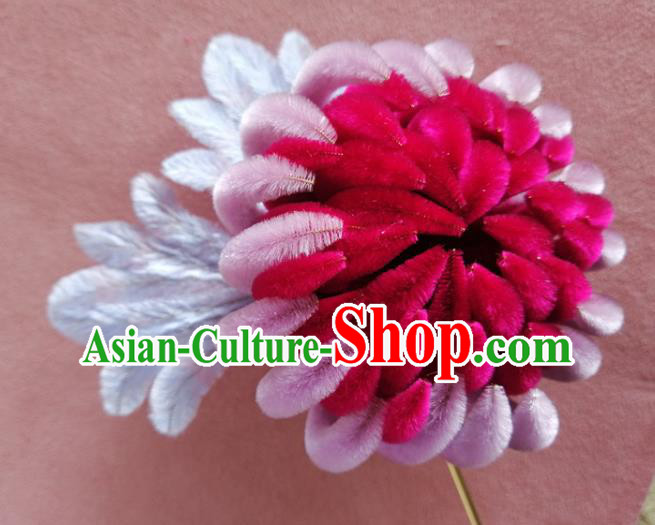 China Traditional Ancient Palace Lady Flowers Hairpin Classical Hanfu Rosy Velvet Chrysanthemum Hair Stick China Traditional Ancient Palace Lady Flowers Hairpin Classical Hanfu Rosy Velvet Chrysanthemum Hair Stick