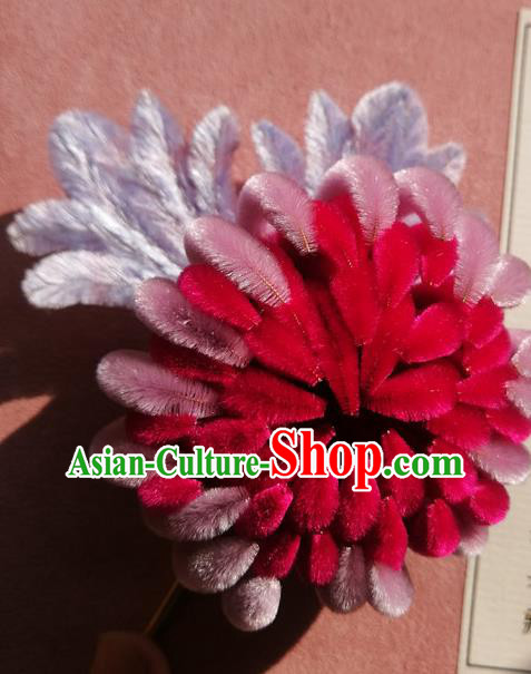 China Traditional Ancient Palace Lady Flowers Hairpin Classical Hanfu Rosy Velvet Chrysanthemum Hair Stick China Traditional Ancient Palace Lady Flowers Hairpin Classical Hanfu Rosy Velvet Chrysanthemum Hair Stick