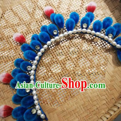 China Traditional Ancient Princess Pearls Hair Crown Classical Hanfu Royalblue Velvet Hairpin