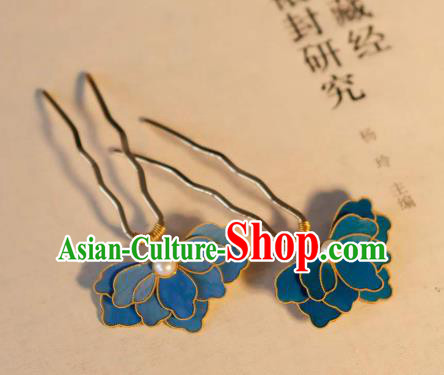 China Traditional Ancient Qing Dynasty Pearl Hair Stick Classical Hanfu Blueing Peony Hairpin China Traditional Ancient Qing Dynasty Pearl Hair Stick Classical Hanfu Blueing Peony Hairpin