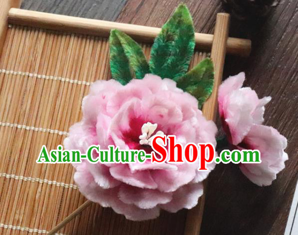 China Classical Hanfu Pink Flower Hairpin Traditional Ancient Palace Lady Velvet Peony Hair Stick China Classical Hanfu Pink Flower Hairpin Traditional Ancient Palace Lady Velvet Peony Hair Stick