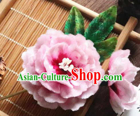 China Classical Hanfu Pink Flower Hairpin Traditional Ancient Palace Lady Velvet Peony Hair Stick China Classical Hanfu Pink Flower Hairpin Traditional Ancient Palace Lady Velvet Peony Hair Stick