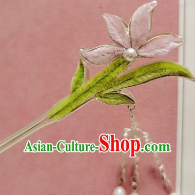 China Handmade Velvet Orchid Hair Stick Traditional Hanfu Hair Accessories Classical Cheongsam Tassel Silver Hairpin