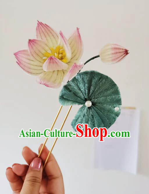 China Handmade Pink Velvet Lotus Hair Stick Traditional Hanfu Hair Accessories Classical Hairpin China Handmade Pink Velvet Lotus Hair Stick Traditional Hanfu Hair Accessories Classical Hairpin