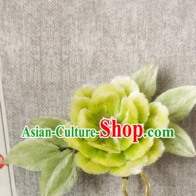 Handmade China Ancient Flower Hairpin Traditional Hanfu Hair Accessories Green Velvet Peony Hair Stick
