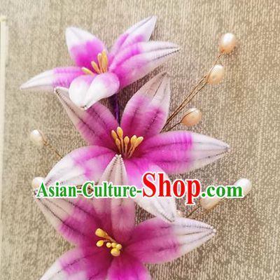 China Handmade Lily Flowers Hair Stick Traditional Hanfu Hair Accessories Classical Purple Velvet Pearls Hairpin