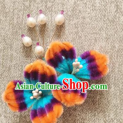 China Pearls Hair Stick Handmade Hair Accessories Traditional Velvet Flowers Hairpin