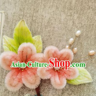 China Pink Velvet Plum Blossom Hair Stick Handmade Hair Accessories Traditional Flowers Pearls Hairpin
