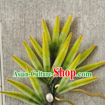 Handmade China Ancient Green Bamboo Leaf Hairpin Traditional Hanfu Hair Accessories Velvet Hair Stick
