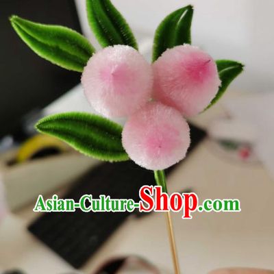 China Traditional Pink Peach Hairpin Classical Cheongsam Velvet Hair Stick Handmade Hair Accessories