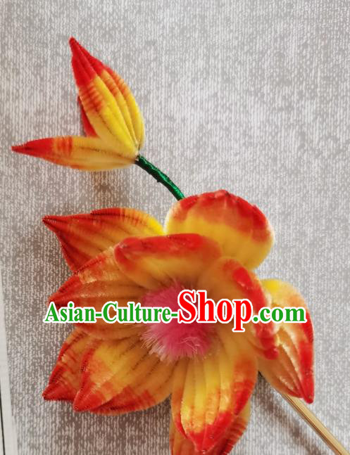 China Classical Velvet Hair Stick Handmade Hair Accessories Traditional Cheongsam Orange Lotus Hairpin China Classical Velvet Hair Stick Handmade Hair Accessories Traditional Cheongsam Orange Lotus Hairpin