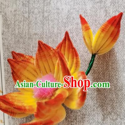 China Classical Velvet Hair Stick Handmade Hair Accessories Traditional Cheongsam Orange Lotus Hairpin