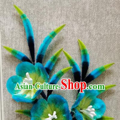 China Classical Blue Peach Blossom Hair Stick Traditional Cheongsam Velvet Hairpin Handmade Hair Accessories