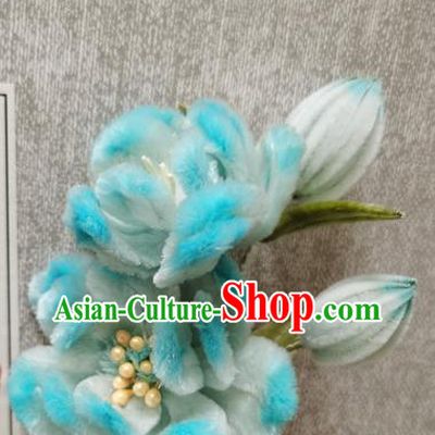 China Traditional Cheongsam Hairpin Handmade Hair Accessories Classical Blue Velvet Rose Hair Stick
