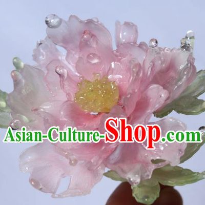 China Traditional Ancient Ming Dynasty Princess Peony Hair Stick Classical Hanfu Green Leaf Hairpin