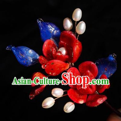 China Classical Hanfu Pearls Hairpin Traditional Red Camellia Hair Stick