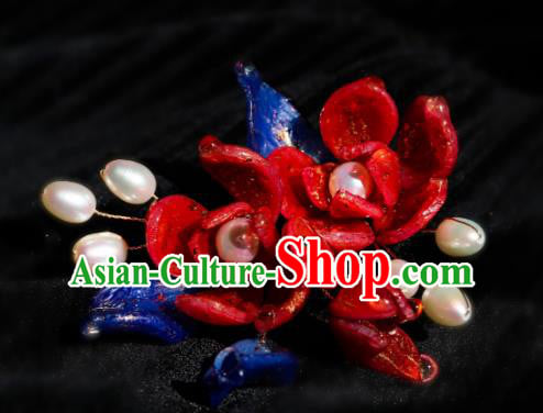 China Classical Hanfu Pearls Hairpin Traditional Red Camellia Hair Stick China Classical Hanfu Pearls Hairpin Traditional Red Camellia Hair Stick
