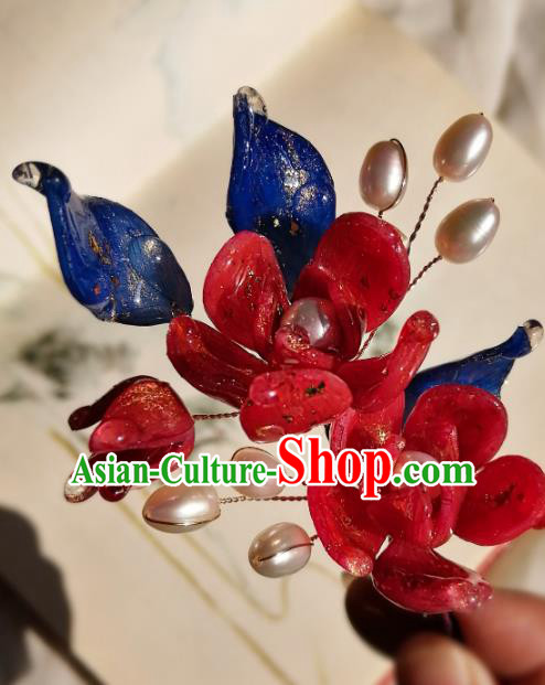 China Classical Hanfu Pearls Hairpin Traditional Red Camellia Hair Stick China Classical Hanfu Pearls Hairpin Traditional Red Camellia Hair Stick
