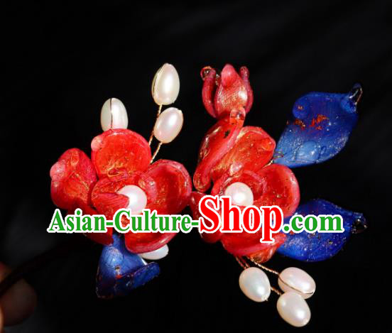 China Classical Hanfu Pearls Hairpin Traditional Red Camellia Hair Stick China Classical Hanfu Pearls Hairpin Traditional Red Camellia Hair Stick