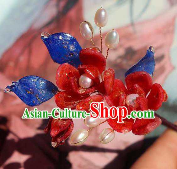 China Classical Hanfu Pearls Hairpin Traditional Red Camellia Hair Stick China Classical Hanfu Pearls Hairpin Traditional Red Camellia Hair Stick