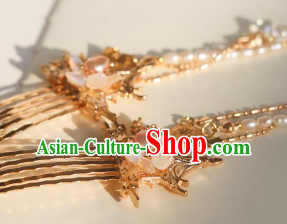 China Classical Hanfu Golden Hairpin Traditional Ming Dynasty Princess Pearls Tassel Hair Combs China Classical Hanfu Golden Hairpin Traditional Ming Dynasty Princess Pearls Tassel Hair Combs