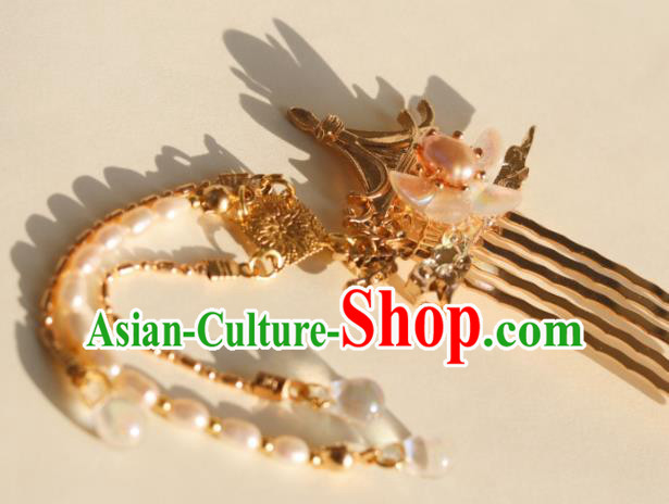 China Classical Hanfu Golden Hairpin Traditional Ming Dynasty Princess Pearls Tassel Hair Combs China Classical Hanfu Golden Hairpin Traditional Ming Dynasty Princess Pearls Tassel Hair Combs