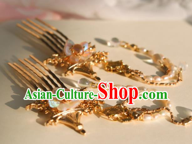 China Classical Hanfu Golden Hairpin Traditional Ming Dynasty Princess Pearls Tassel Hair Combs China Classical Hanfu Golden Hairpin Traditional Ming Dynasty Princess Pearls Tassel Hair Combs