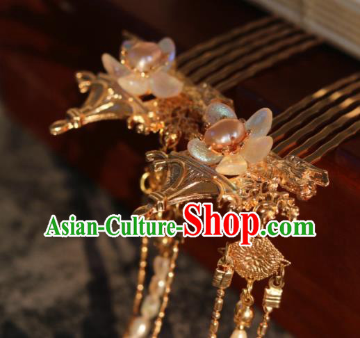 China Classical Hanfu Golden Hairpin Traditional Ming Dynasty Princess Pearls Tassel Hair Combs China Classical Hanfu Golden Hairpin Traditional Ming Dynasty Princess Pearls Tassel Hair Combs