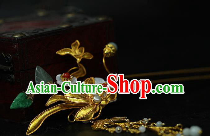 China Classical Hanfu Jade Tassel Hairpin Traditional Ming Dynasty Princess Golden Orchid Hair Stick China Classical Hanfu Jade Tassel Hairpin Traditional Ming Dynasty Princess Golden Orchid Hair Stick