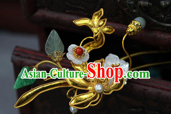 China Classical Hanfu Jade Tassel Hairpin Traditional Ming Dynasty Princess Golden Orchid Hair Stick China Classical Hanfu Jade Tassel Hairpin Traditional Ming Dynasty Princess Golden Orchid Hair Stick