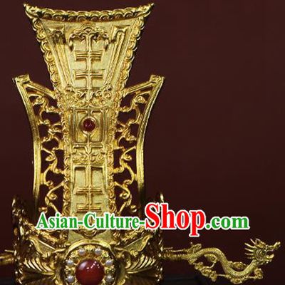 China Ancient Emperor Pearls Hair Accessories Traditional Han Dynasty King Golden Hairdo Crown and Hairpin