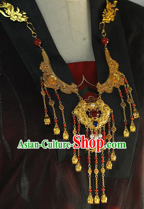 Chinese Traditional Wedding Golden Necklace Ancient Princess Agate Necklet Accessories Chinese Traditional Wedding Golden Necklace Ancient Princess Agate Necklet Accessories