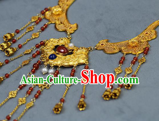 Chinese Traditional Wedding Golden Necklace Ancient Princess Agate Necklet Accessories Chinese Traditional Wedding Golden Necklace Ancient Princess Agate Necklet Accessories