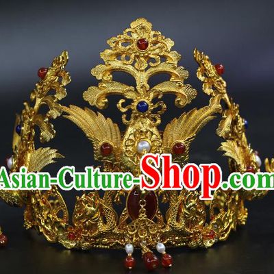 China Traditional Ming Dynasty Empress Gems Phoenix Crown Ancient Noble Woman Golden Hairpin