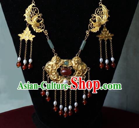 Chinese Traditional Wedding Jade Pearls Necklace Ancient Princess Agate Tassel Necklet Accessories Chinese Traditional Wedding Jade Pearls Necklace Ancient Princess Agate Tassel Necklet Accessories