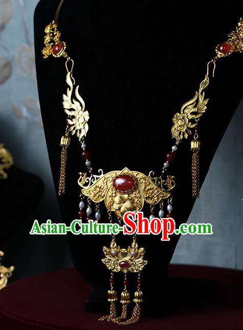 Chinese Traditional Wedding Agate Necklace Ancient Princess Golden Lotus Necklet Accessories Chinese Traditional Wedding Agate Necklace Ancient Princess Golden Lotus Necklet Accessories