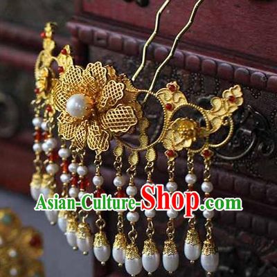 China Traditional Qing Dynasty Empress Pearls Tassel Hair Stick Ancient Court Woman Filigree Peony Hairpin