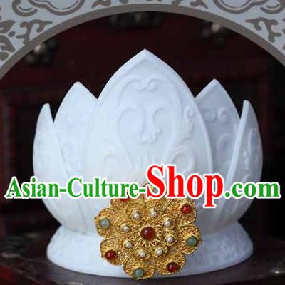 China Ancient Imperial Consort White Lotus Crown Traditional Song Dynasty Pearls Hair Accessories