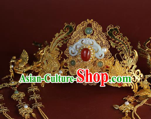 China Ancient Bride Jade Hair Crown Traditional Ming Dynasty Wedding Hair Accessories China Ancient Bride Jade Hair Crown Traditional Ming Dynasty Wedding Hair Accessories